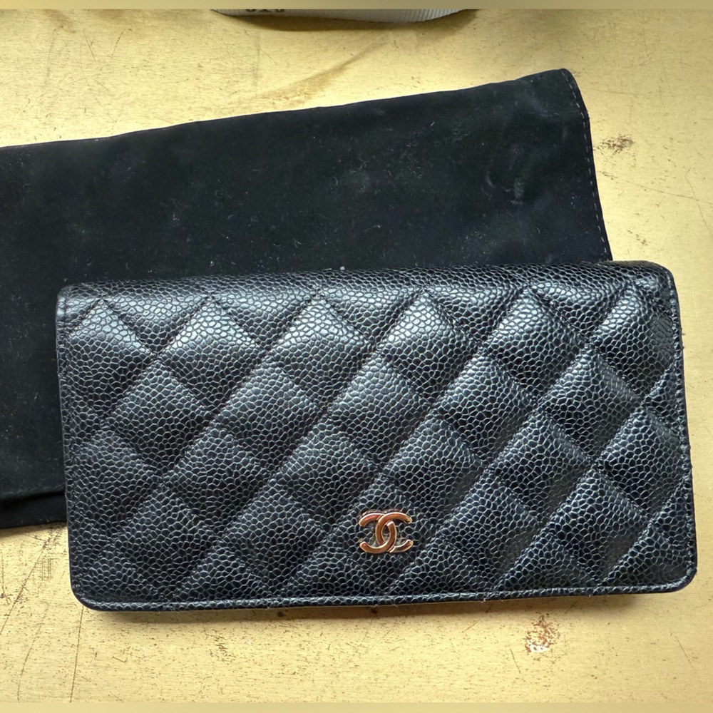 Chanel Black Quilted Wallet with Gold Logo